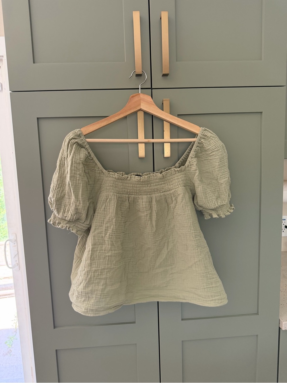 J. Crew Sage Green Puff-Sleeve Peasant Blouse